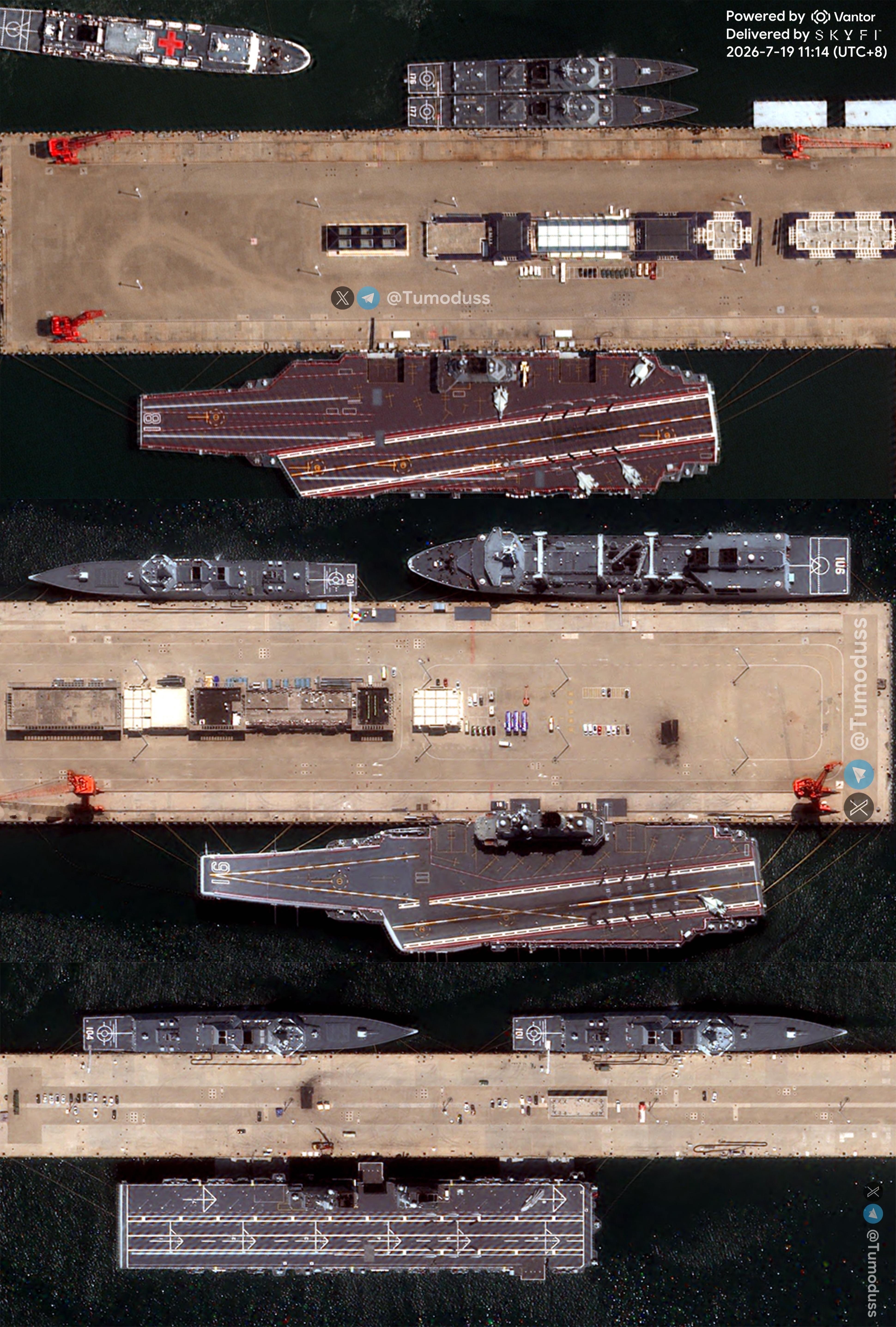 福建舰和辽宁舰同角度，同高度高清卫星图以后老中的这些大舰会越来越多，越来越先进