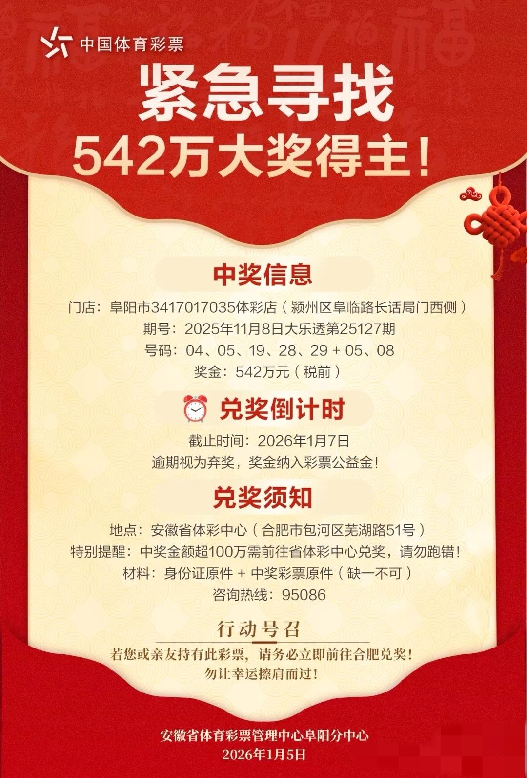 惊呆了542万大奖都有人不领刚看到一个资讯，安徽体彩25年11月8日，一注