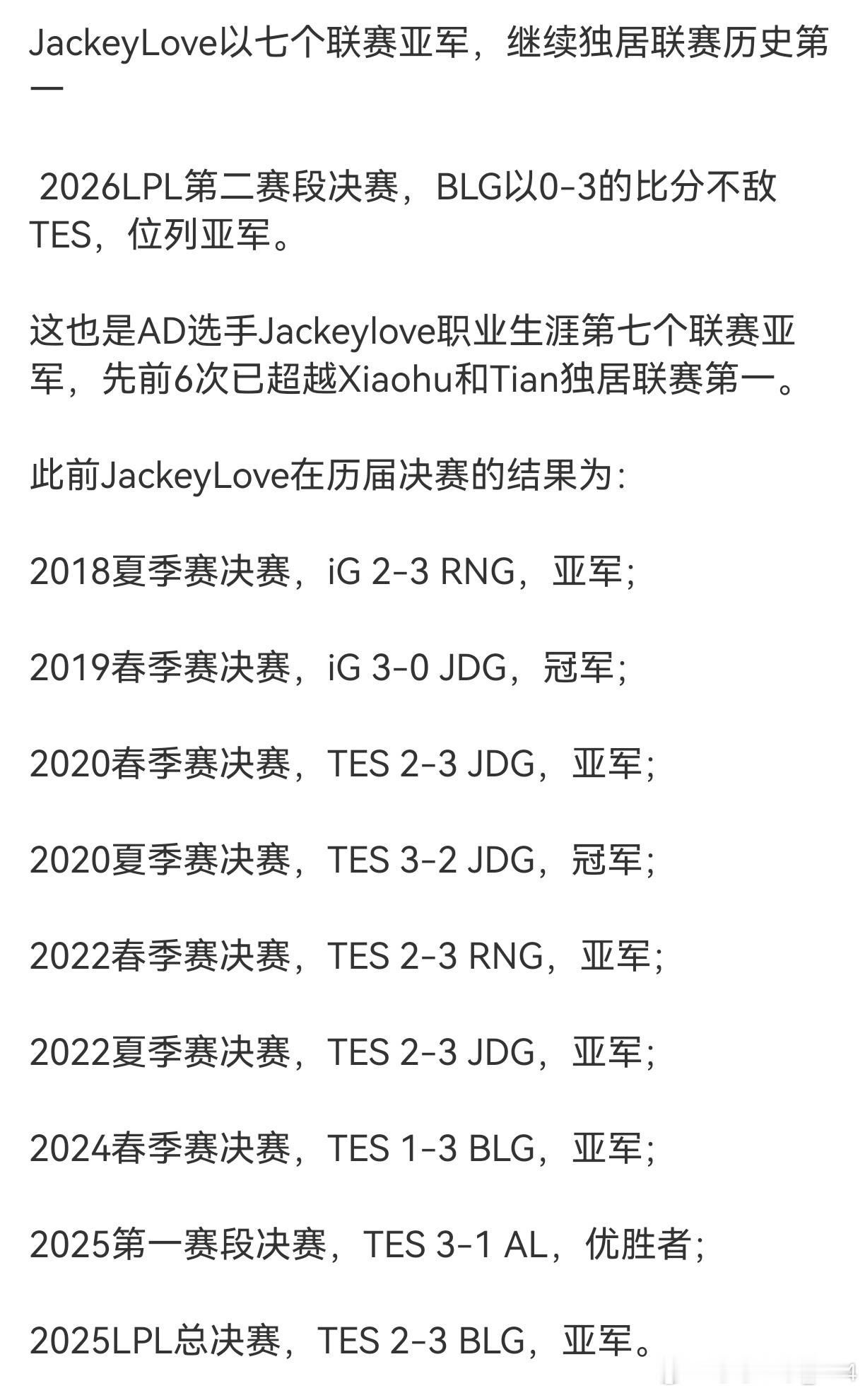 JackeyLove以七个联赛亚军，继续独居联赛历史第一。既证明了选手个人竞争力