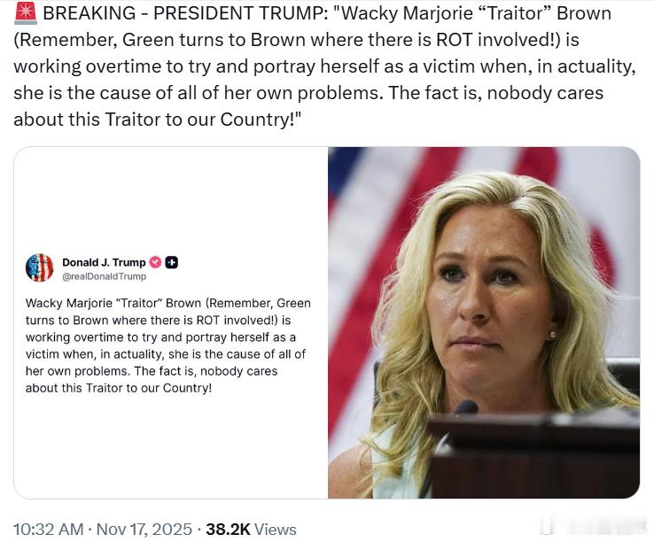 特朗普总统：“棕色的玛乔丽‘叛徒’（请记住，绿色会在腐烂时变成棕色！）正拼命想把