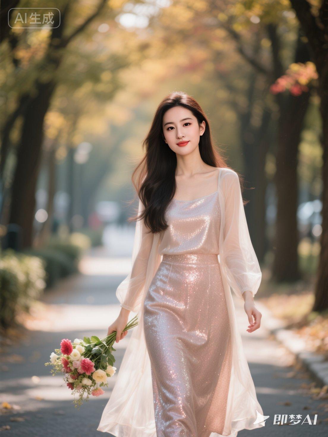 秋日漫步，花束相伴，优雅动人。