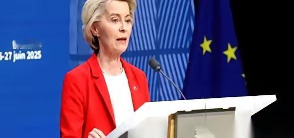 欧盟委员会主席冯德莱恩，当着一排闪光灯，把话筒扶正了。她一句话，隔着大西洋，直