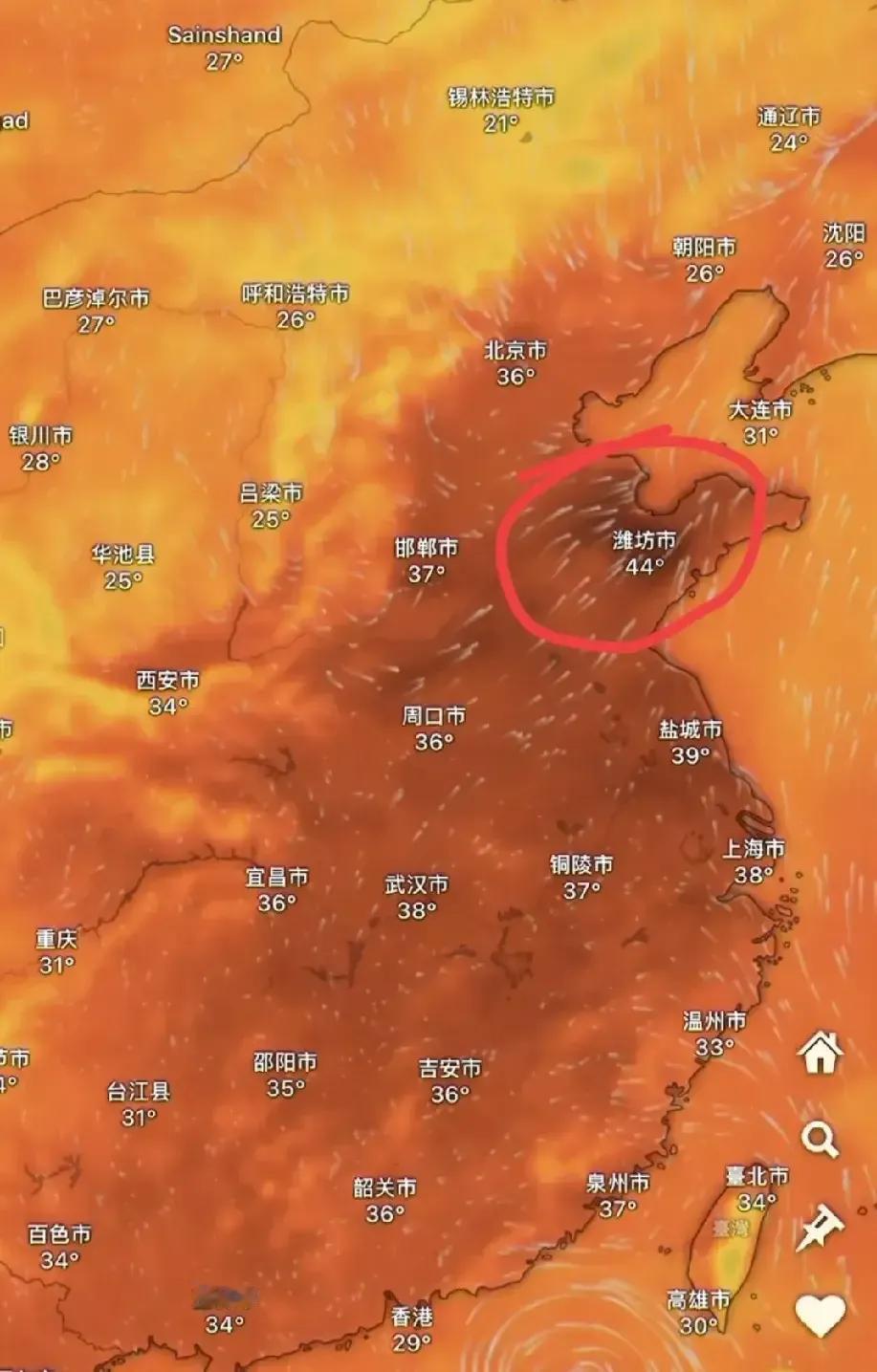 有图有真相！山东最热。原来山东才是全中国最热的地方。看看这张图，最红的区域是山东