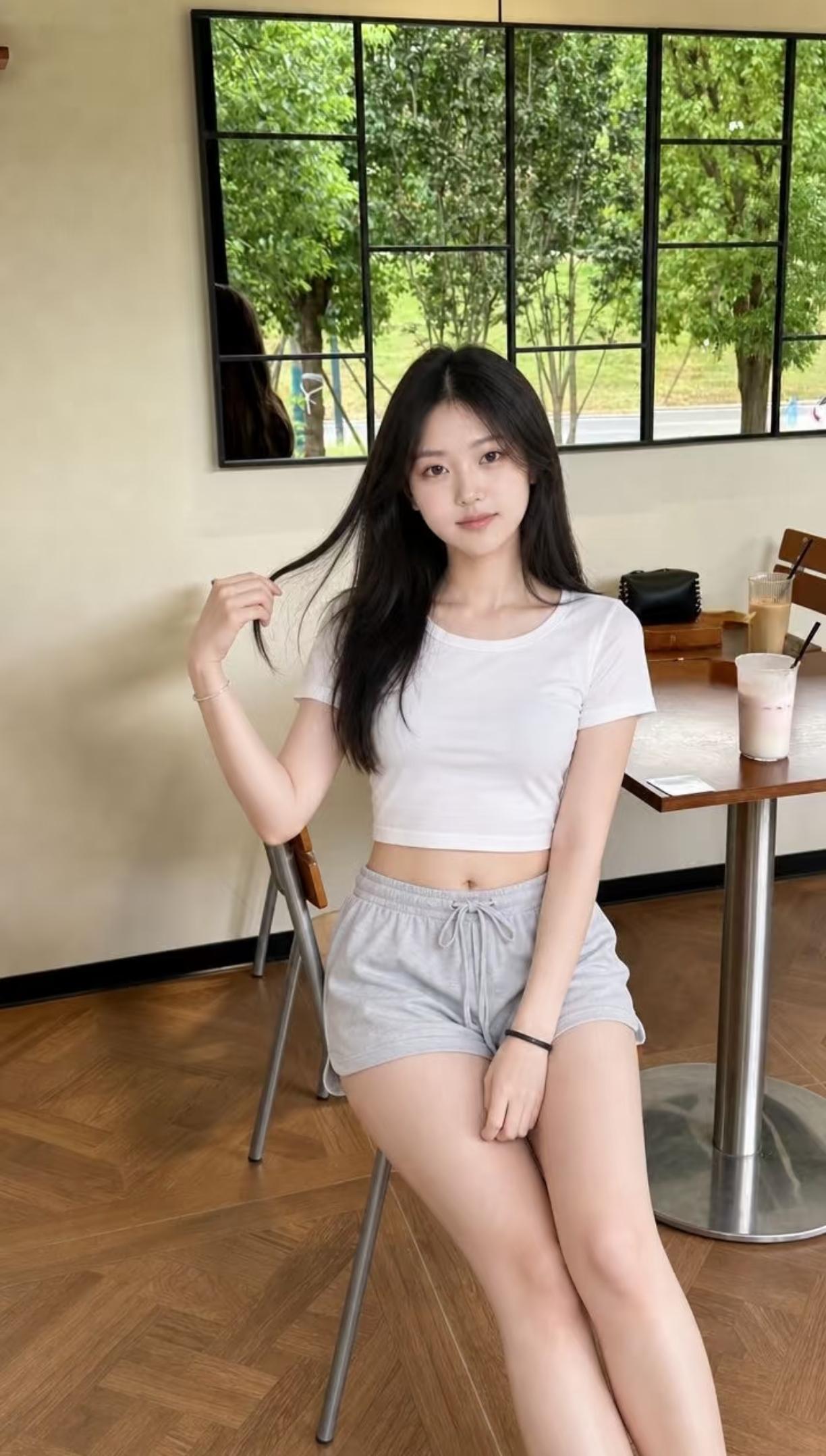 女孩在咖啡馆里坐着，拨弄头发。