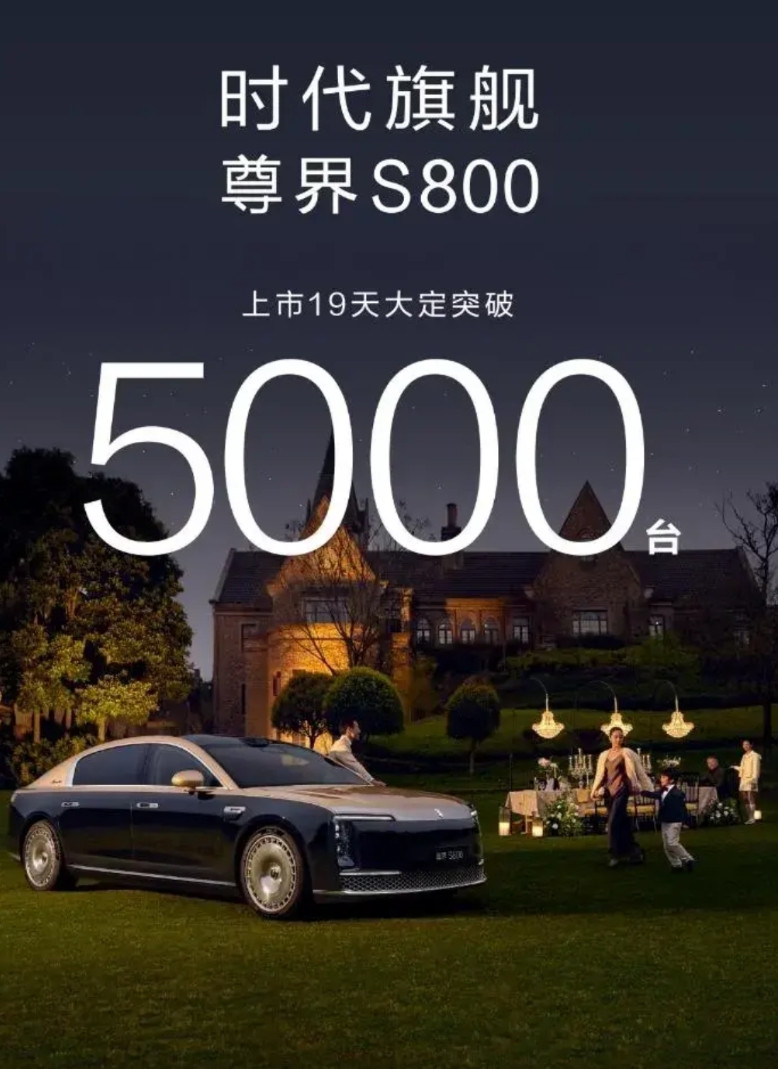 尊界S800发布（上市）19天，大定已经突破5000台。尊界S800大定数据