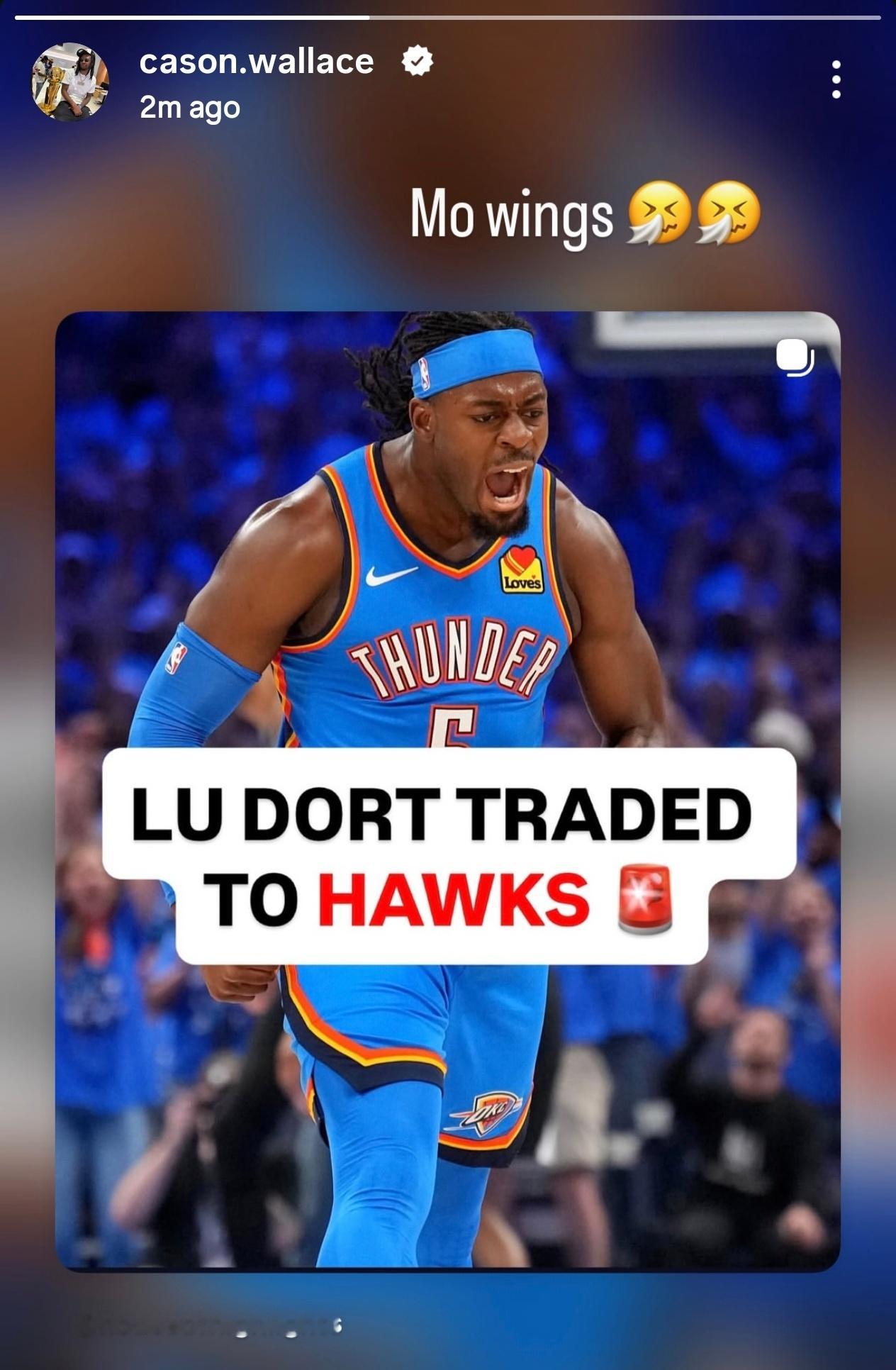 卡森华莱士转发多尔特被交易至老鹰的帖子并配文：“Mowings🤧🤧”这里说