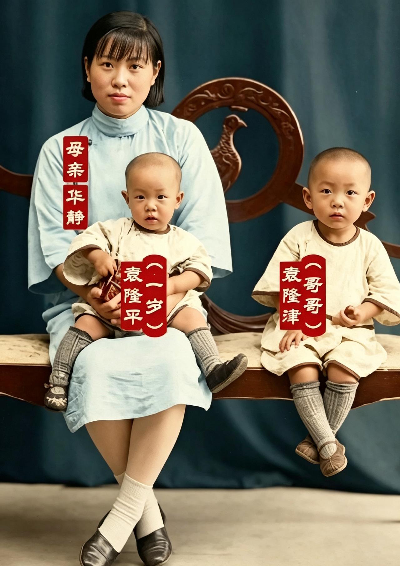 1930年，袁隆平在协和医院降生，次年一家人在北平照相馆拍下这张母子三人合影。