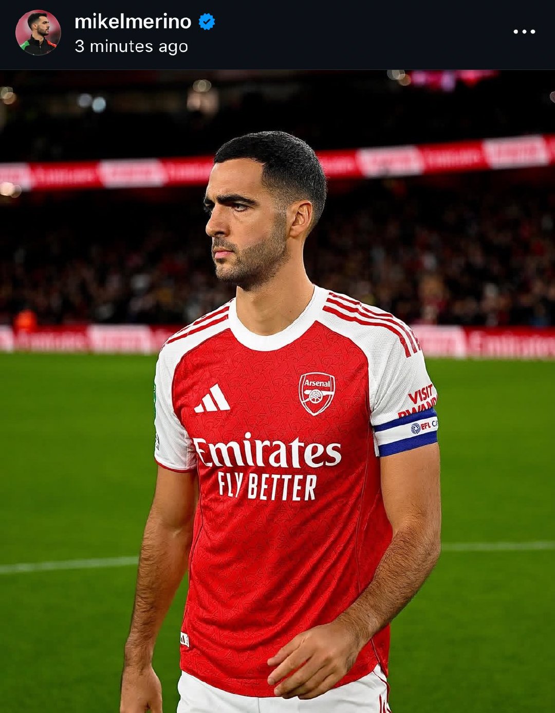 梅里诺ins动态：无比自豪！深感荣幸！今晚能以队长身份代表这家俱乐部和这支球队出