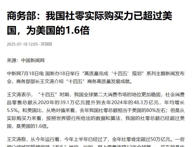 这条新闻让公知、殖人、恨国党看了，又要炸。昨天商务部表示，我国社会零售商品实际