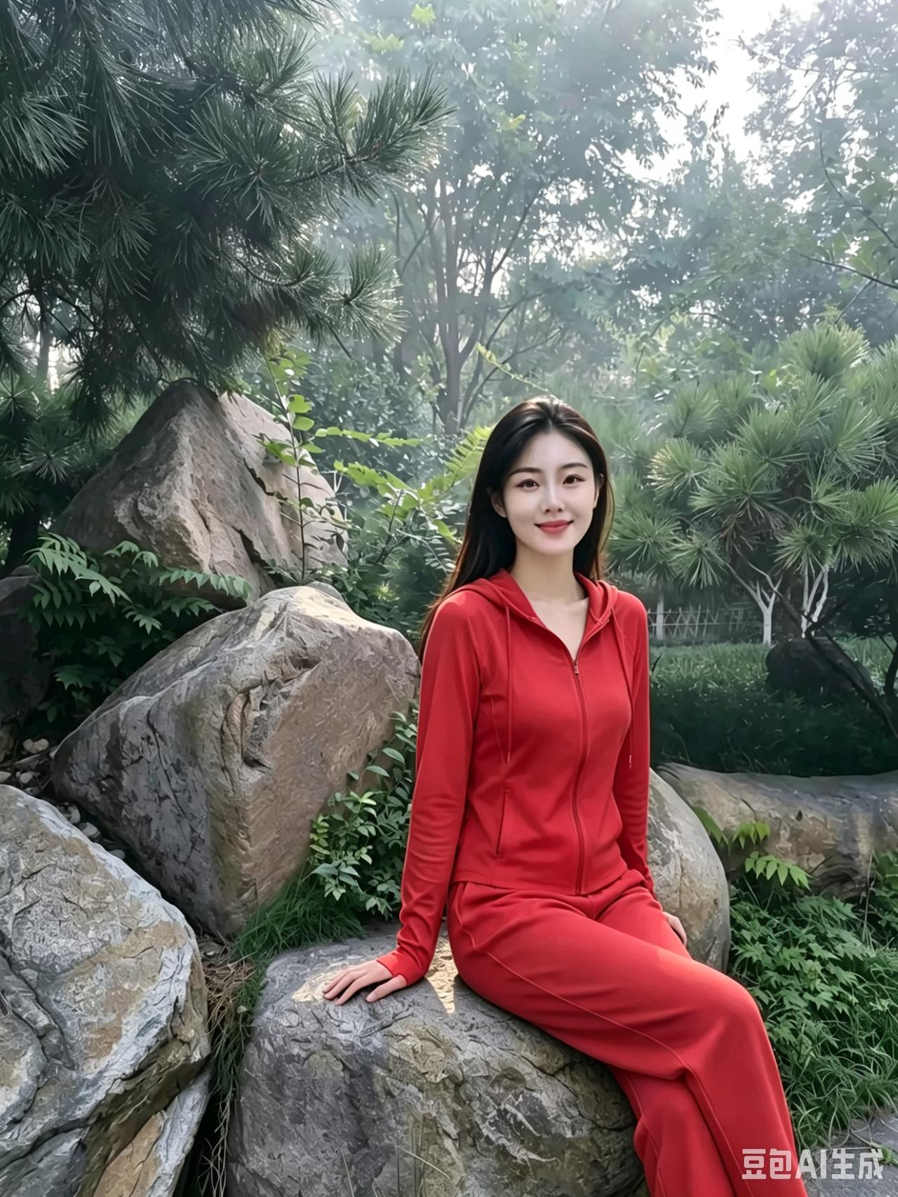 林间小憩苍松环绕巨石旁，一袭白衣气质扬。静坐林间沐柔光，眉目清秀面含