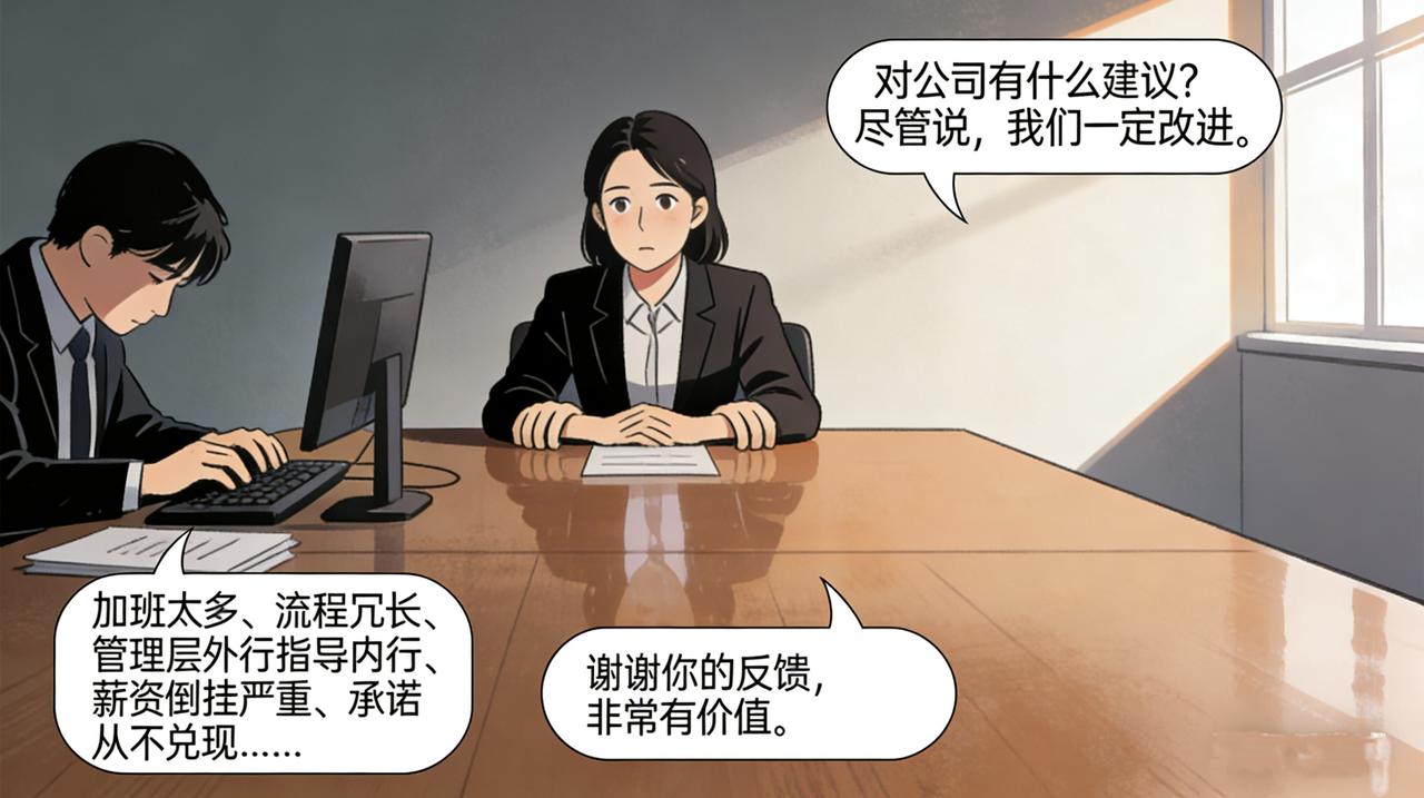 小刘办离职手续那天，HR把他叫进会议室，满脸真诚地做离职面谈。“对公司有什么建