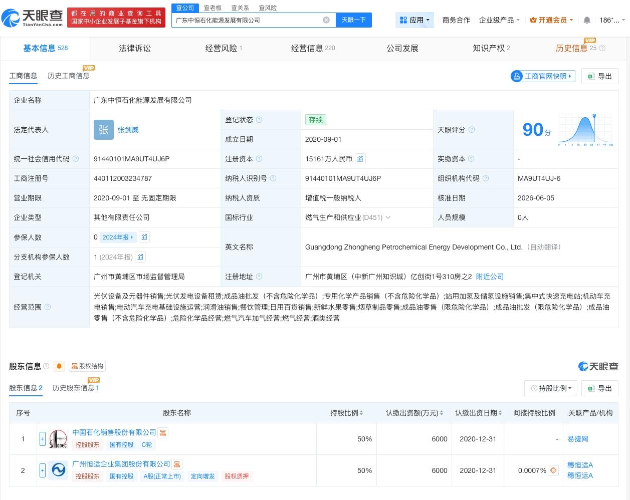 中国石化穗恒运A合资公司增资至约1.5亿增幅约26%天眼查App显示，近日