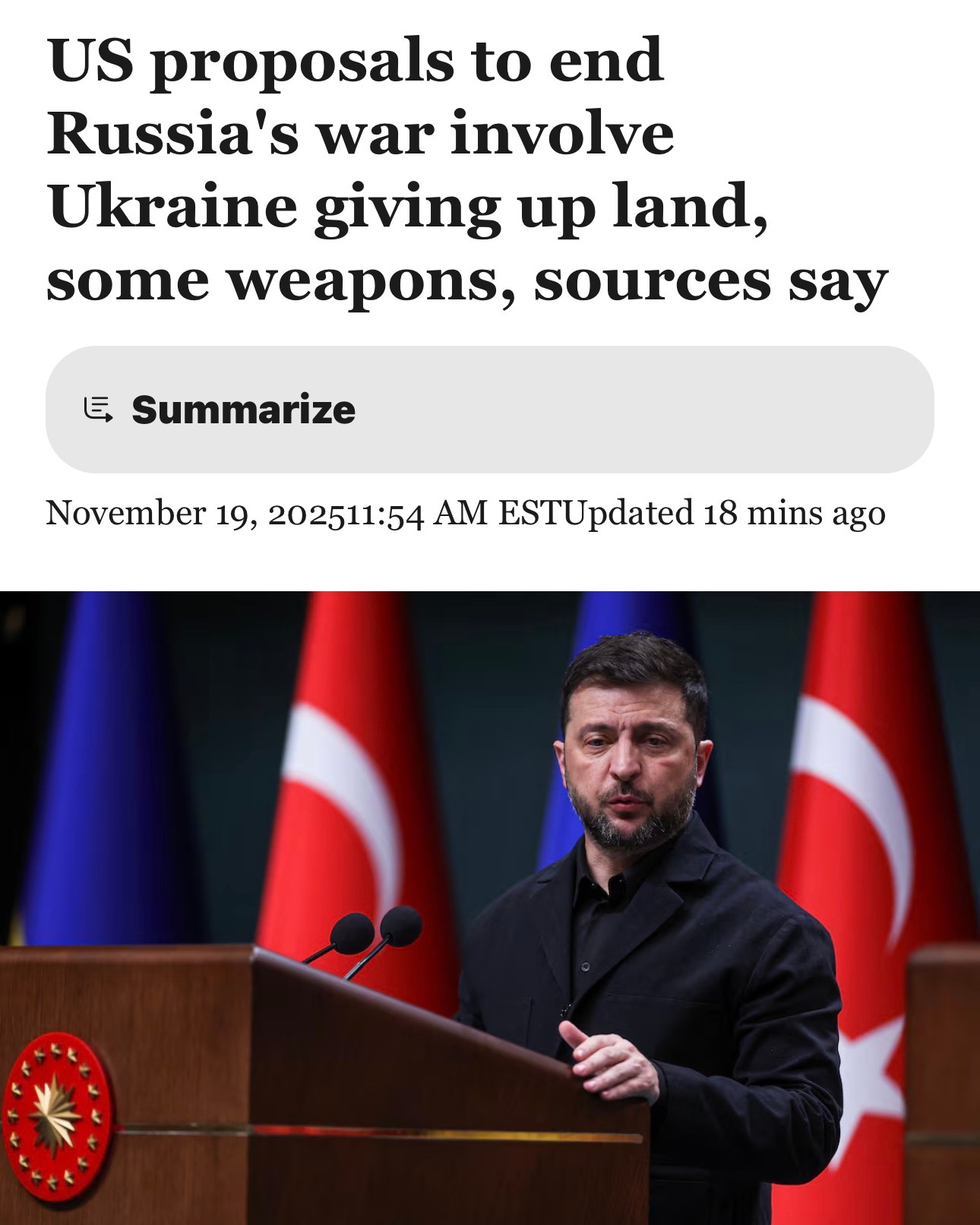 美国已向泽连斯基传达，要求乌克兰接受一份由美国起草的结束战争的框架协议。这份协