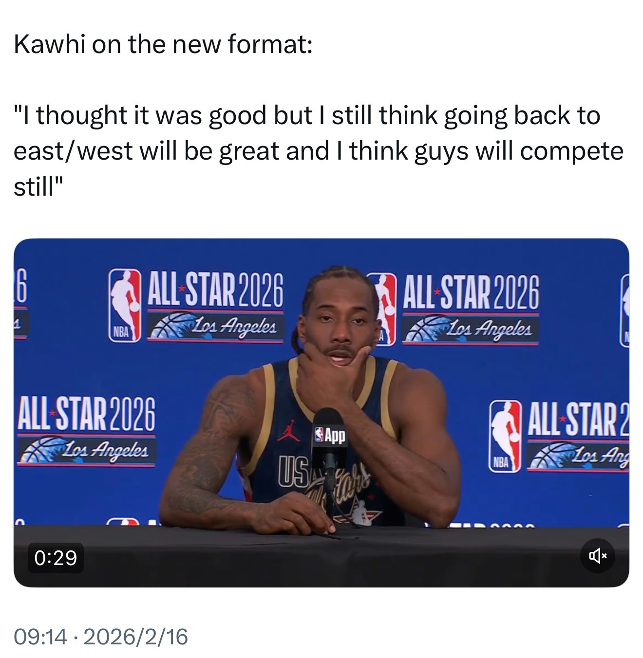 错失MVP的伦纳德谈全明星赛制：“我觉得这不错，但我依然认为回归东西部对决会很棒