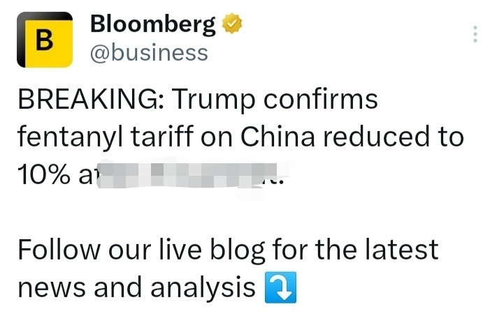 特朗普访问马日韩彭博社:特朗普证实,将因芬-太-尼问题对中国征收的关税从20%降