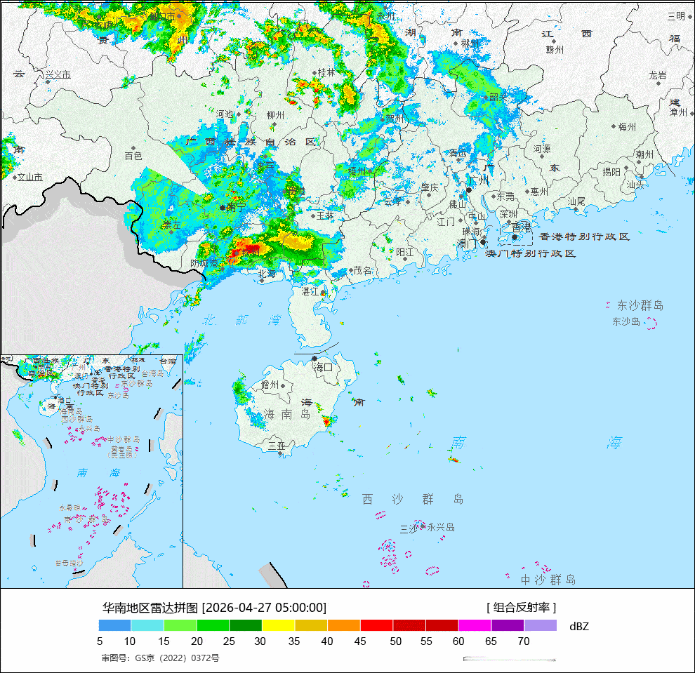 4月27日，广西南部的钦州一带内涝比较严重，街道和车辆被淹。遭遇极强降雨。钦