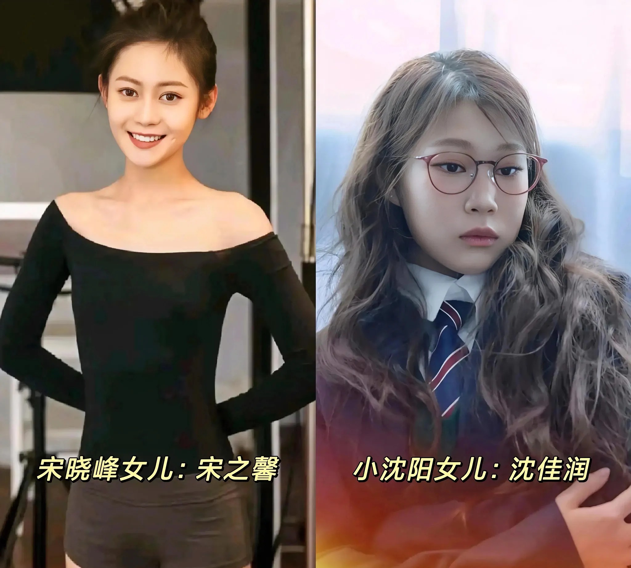 左边是宋晓峰的女儿，宋之馨；右边是小沈阳的女儿，沈佳润。一个考上了北京电影学