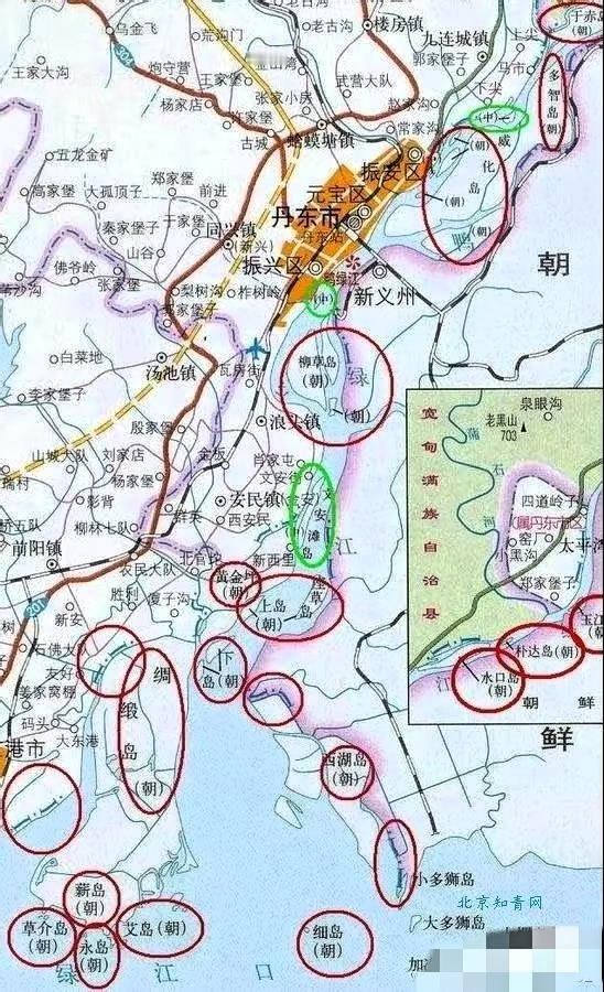鸭绿江上的小岛为什么多归属朝鲜？小岛归属情况，红色圈内岛屿为朝鲜所有，绿色为中
