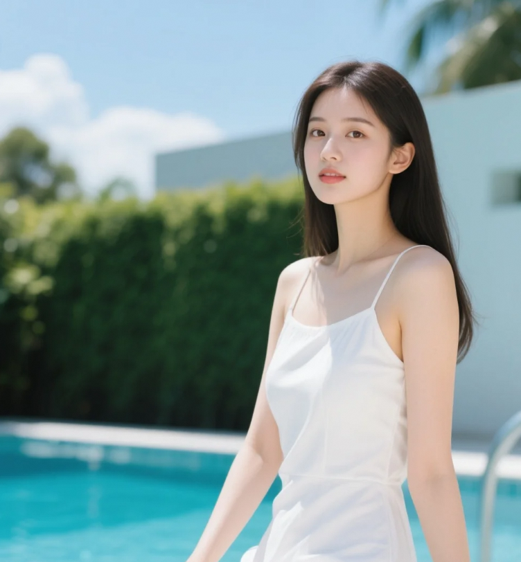 时光在少女肩头放缓脚步，正午泳池成天然滤镜