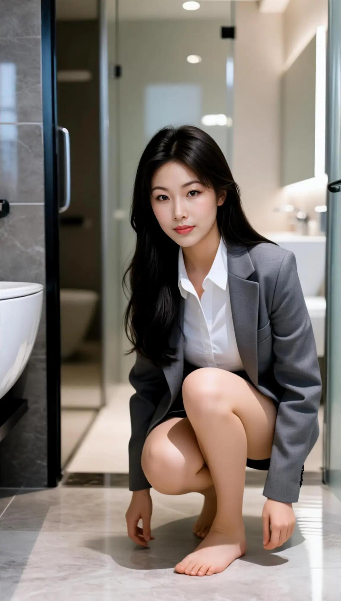 优雅职场女郎，蹲在浴室里的瞬间，散发着自信与魅力！