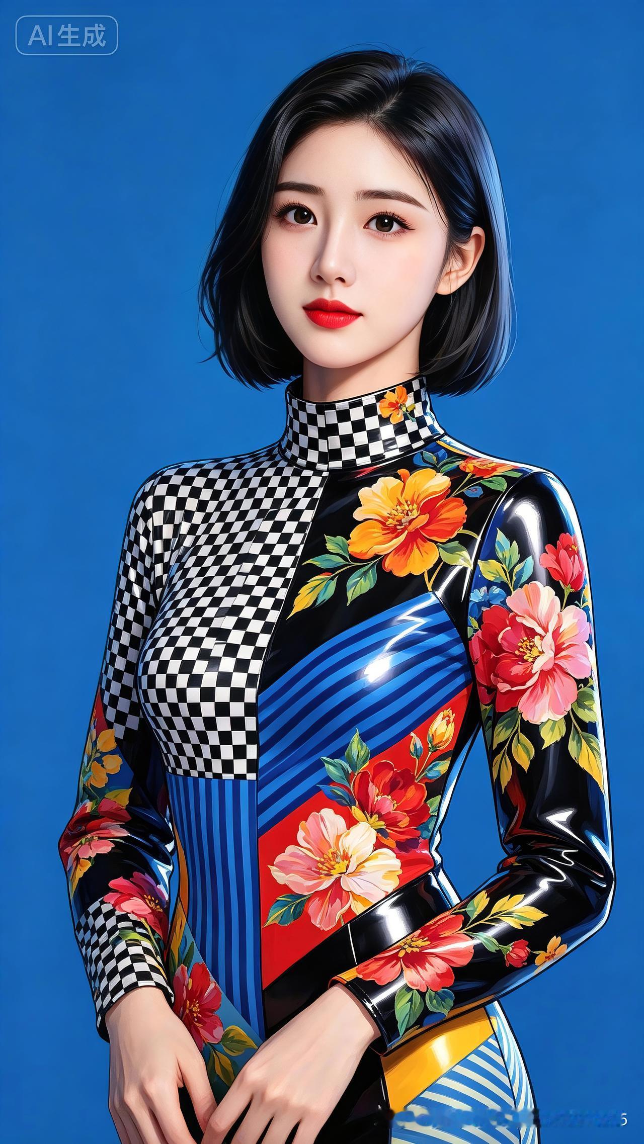 短碎秀发气质扬，彩衣艳丽映蓝光。格纹花朵相交织，色彩斑斓韵味长。眉眼端庄