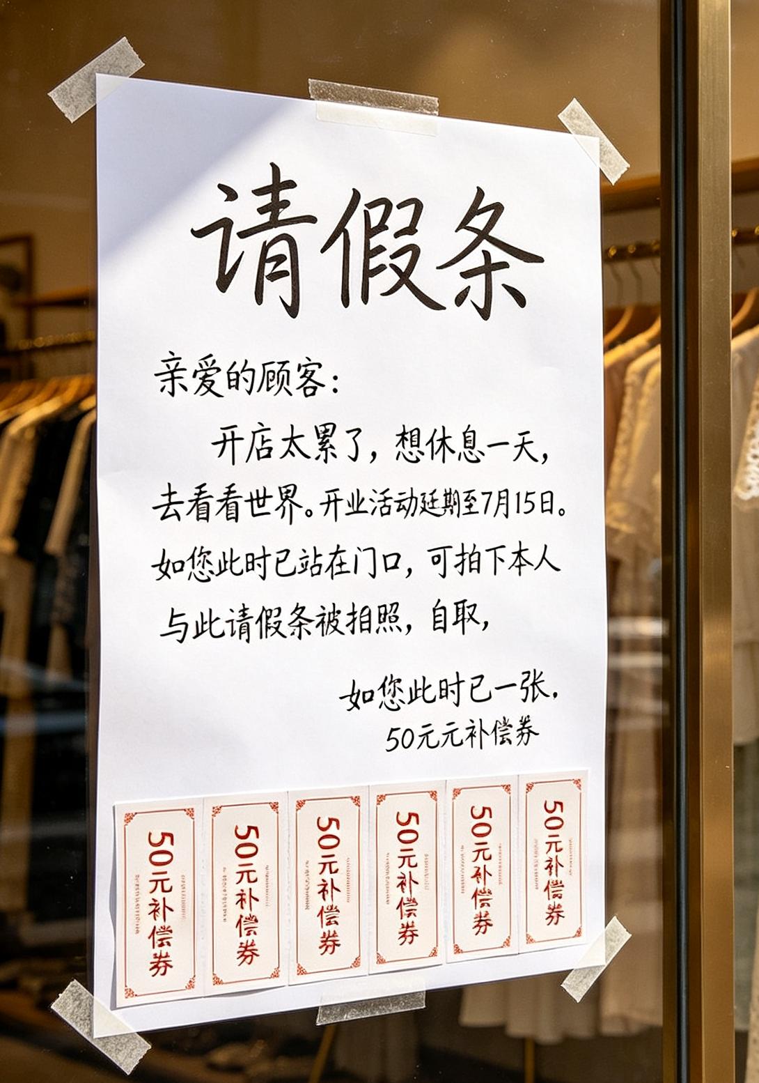 店家请假一天，附赠50元优惠券。