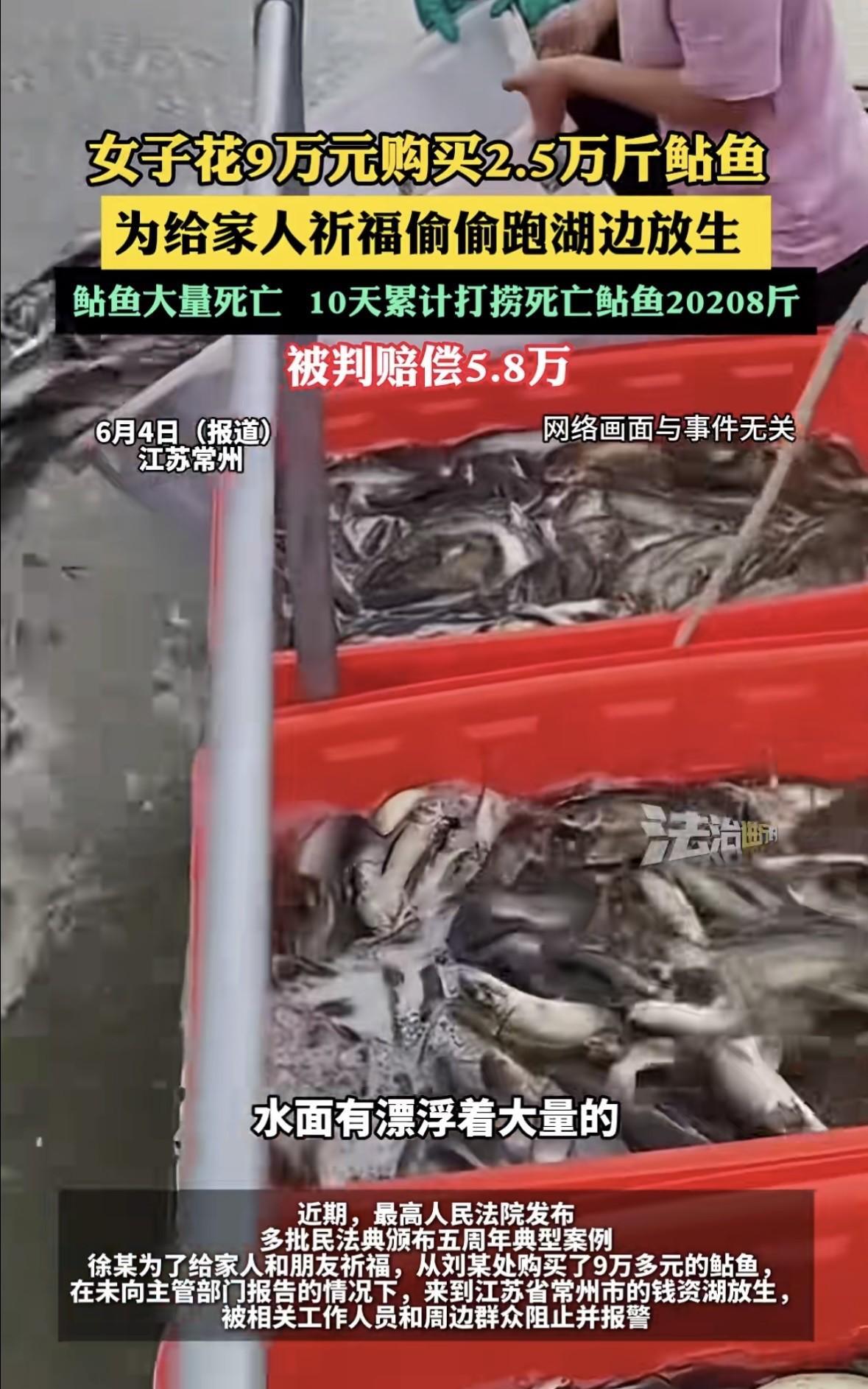 江苏常州，女子听说放生能祈福，便花9万一口气买了2.5万斤鲇鱼，跑到湖边放生。被