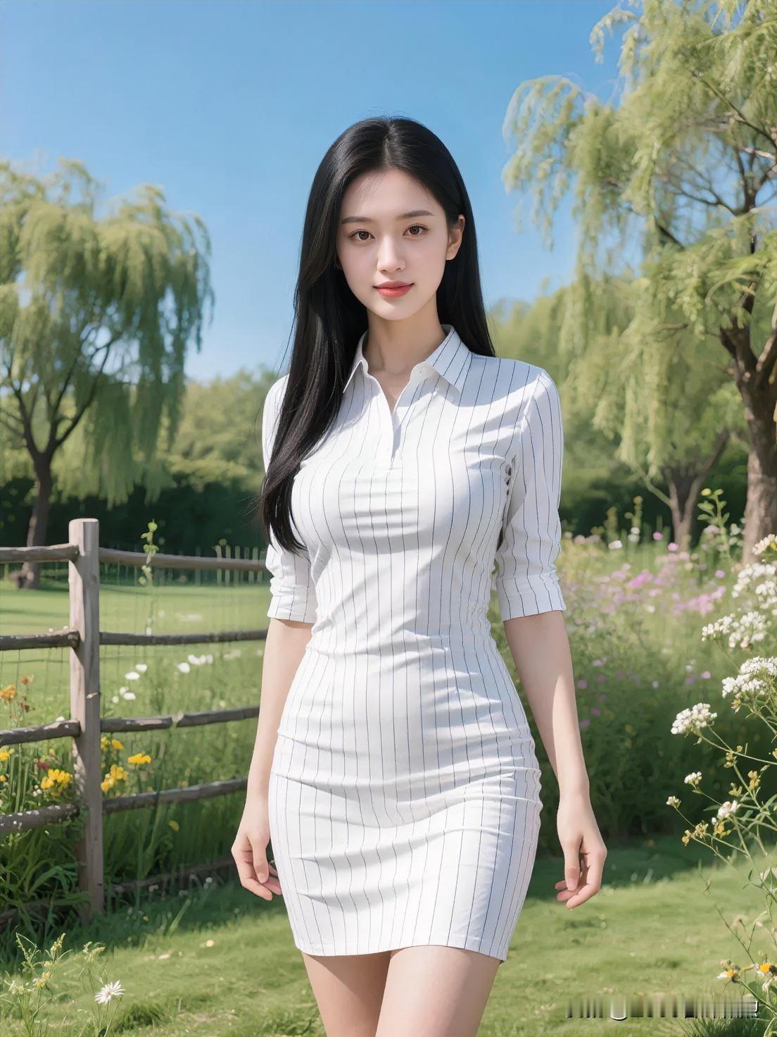 白条纹衬衫裙，勾勒曼妙身姿。漫步绿茵花径，阳光正好，尽显青春活力。