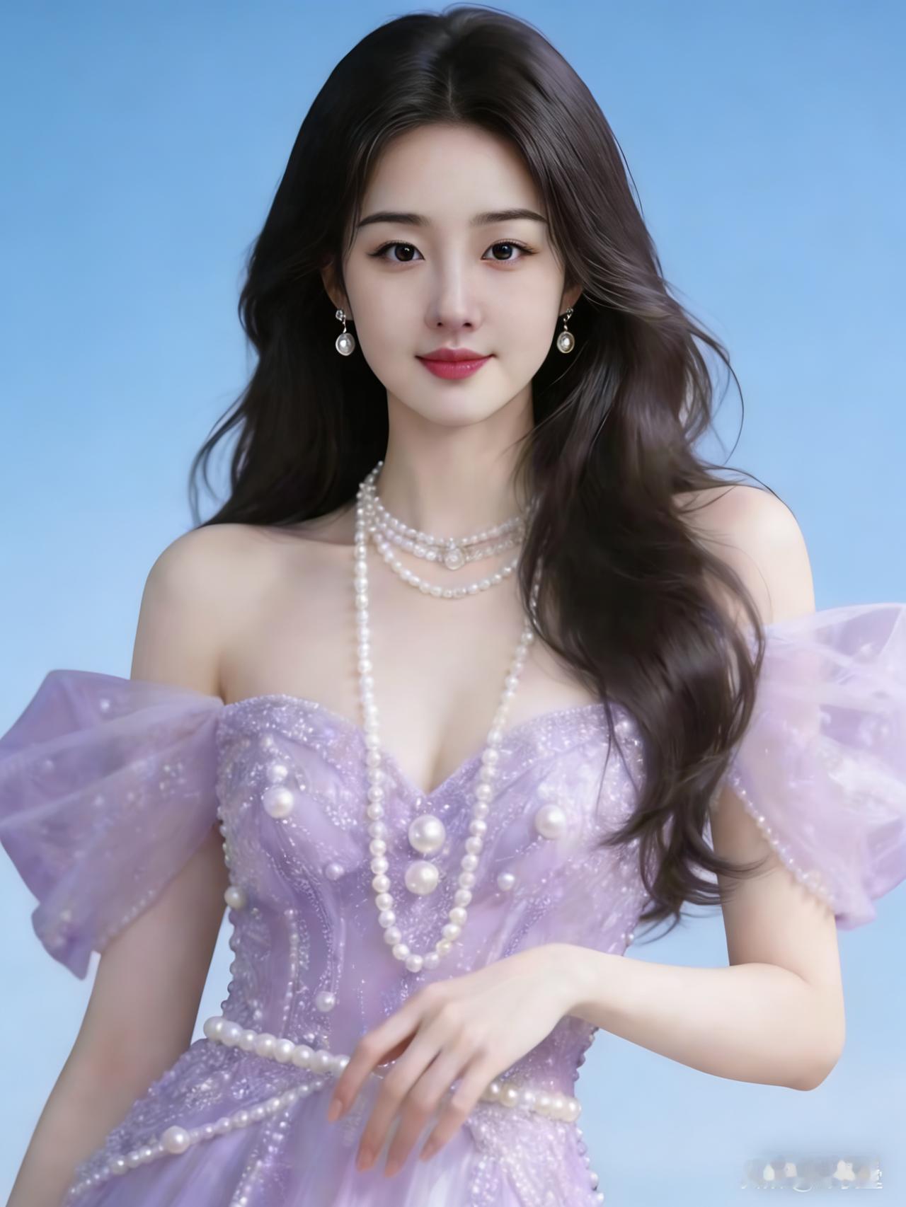 梦幻紫色礼服搭配珍珠点缀，美得让人一眼沦陷。珍珠的点缀就像夜空中闪烁的星星，为这