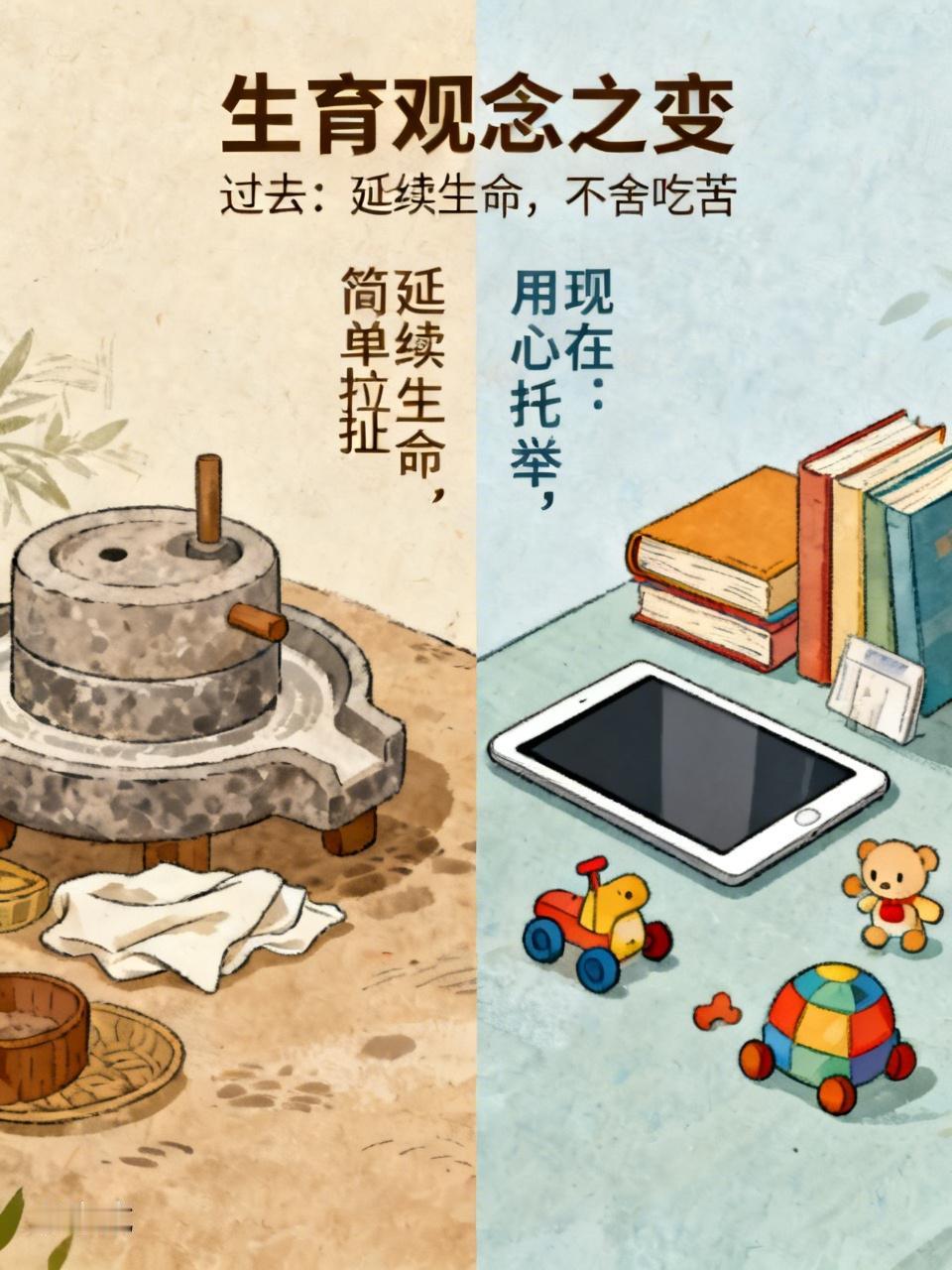 过去生孩子，是延续生命、撑起家庭，盼孩子自立担当，超越父辈，守住家族根基，简单拉