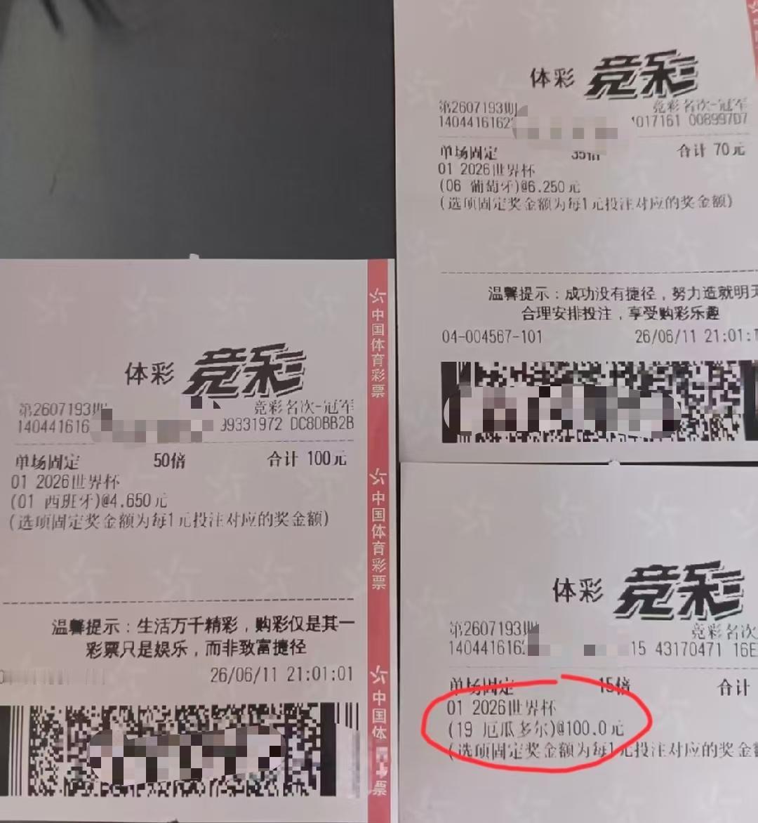 网友晒出来的几张票，猜冠军的，有一张票猜的是厄瓜多尔，投注了15倍，赔率是100