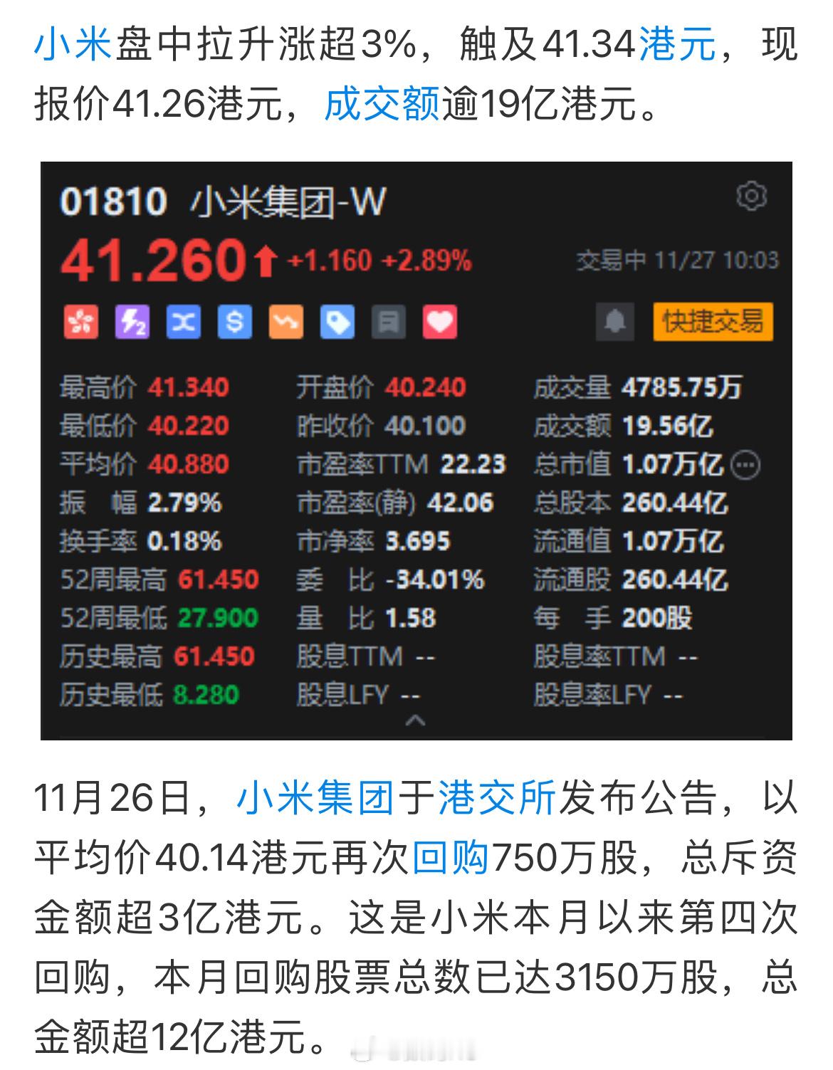 小米本月回购总金额超12亿港元，这力度可以吧！