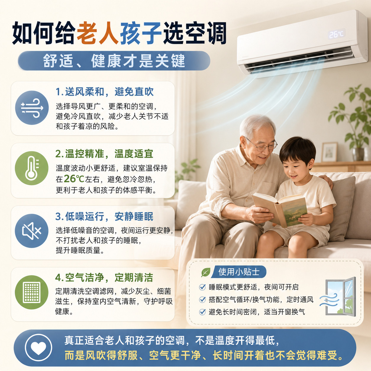 如何给老人孩子选空调家里有老人和孩子，选空调不能只看制冷快不快，更重要的是舒适、