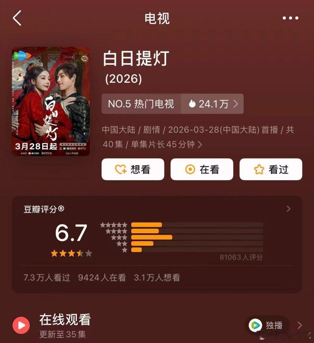 白日提灯豆瓣6.7分白日提灯开分6.7，感觉算最近开分这一批里不错的