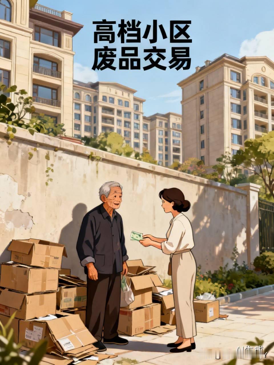 有一个老大爷在一个高档小区收废品。遇见一贵妇正在装修房子，家里的一大堆纸壳子全部