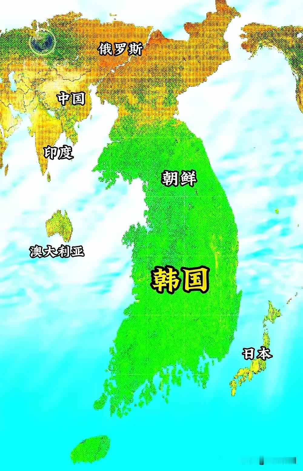 这是韩国地图，很多韩国人真的以为韩国最大，因为名字也叫大韩民国。韩国从南到北坐火