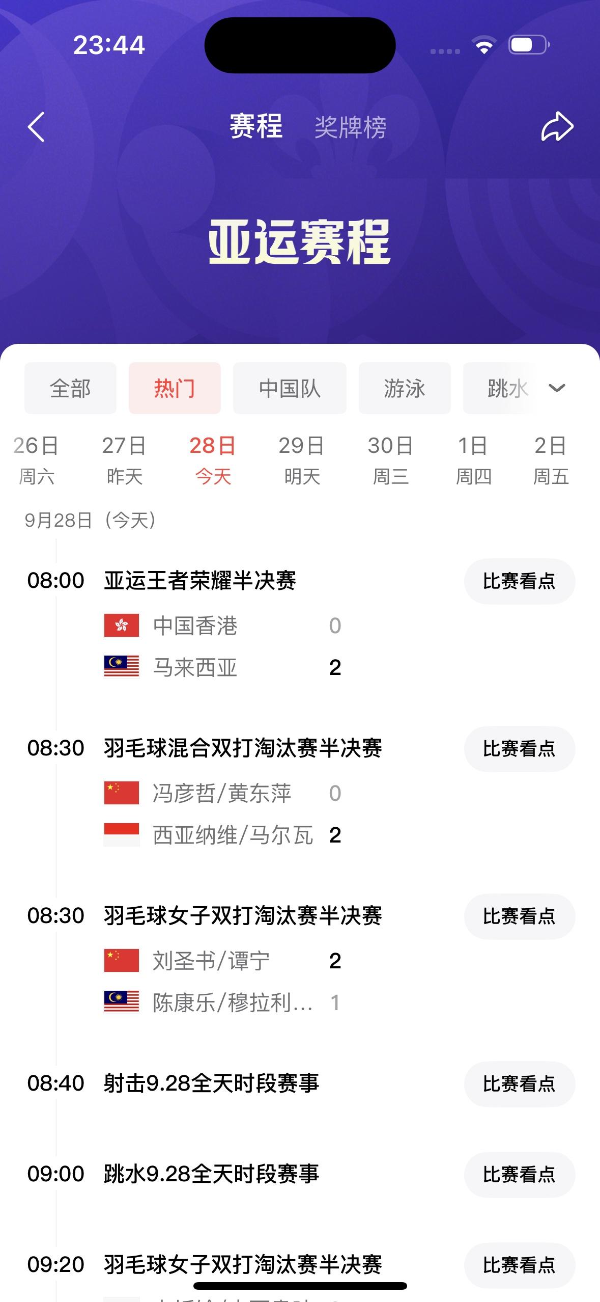 今天是九月二十九日，名古屋亚运会一共有以下比赛：最主要的就是
