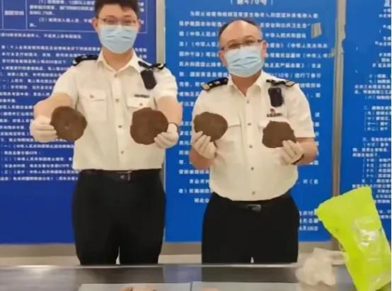 长沙黄花机场海关人员在检查一位从印度回来的旅客时，发现两个塑料袋装着八块圆饼状的