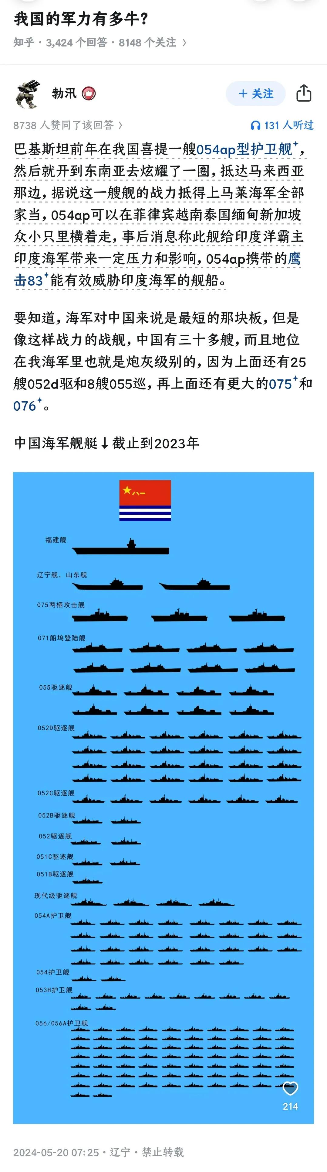 请大家注意，这是2023年的数据。2024年，我们国家服役了135达州舰，54