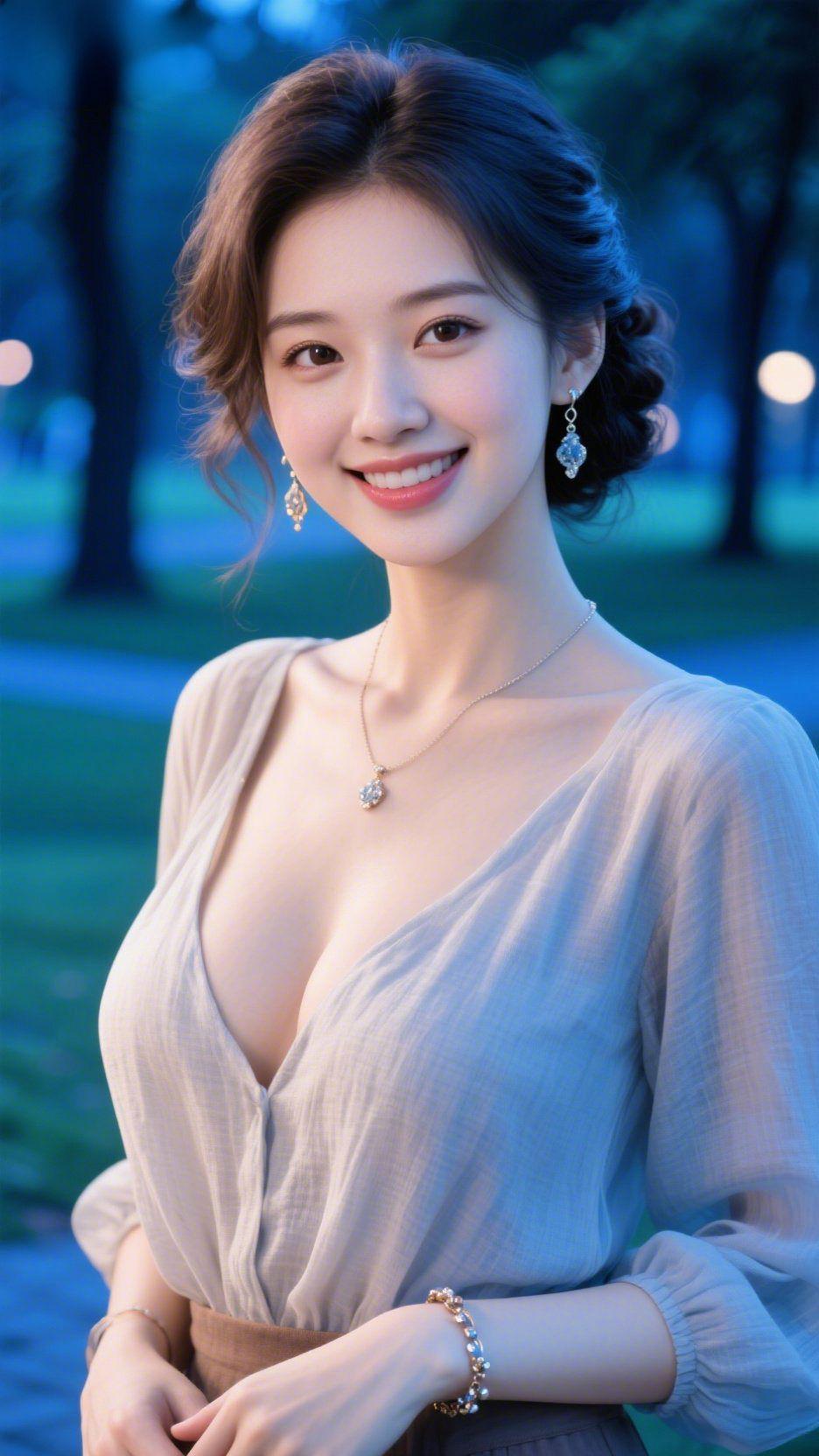 暮色里的温柔笑意暮色漫过公园的枝桠，她的卷发松松挽在脑后，几缕碎发被晚风轻