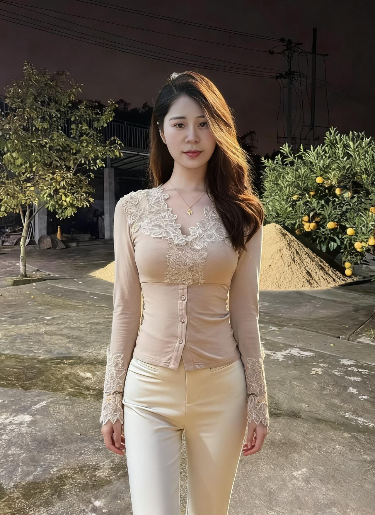 她的上衣是米色的云蕾丝是云边的霞垂落在她的肩头像谁的指尖轻划米色的裤子是