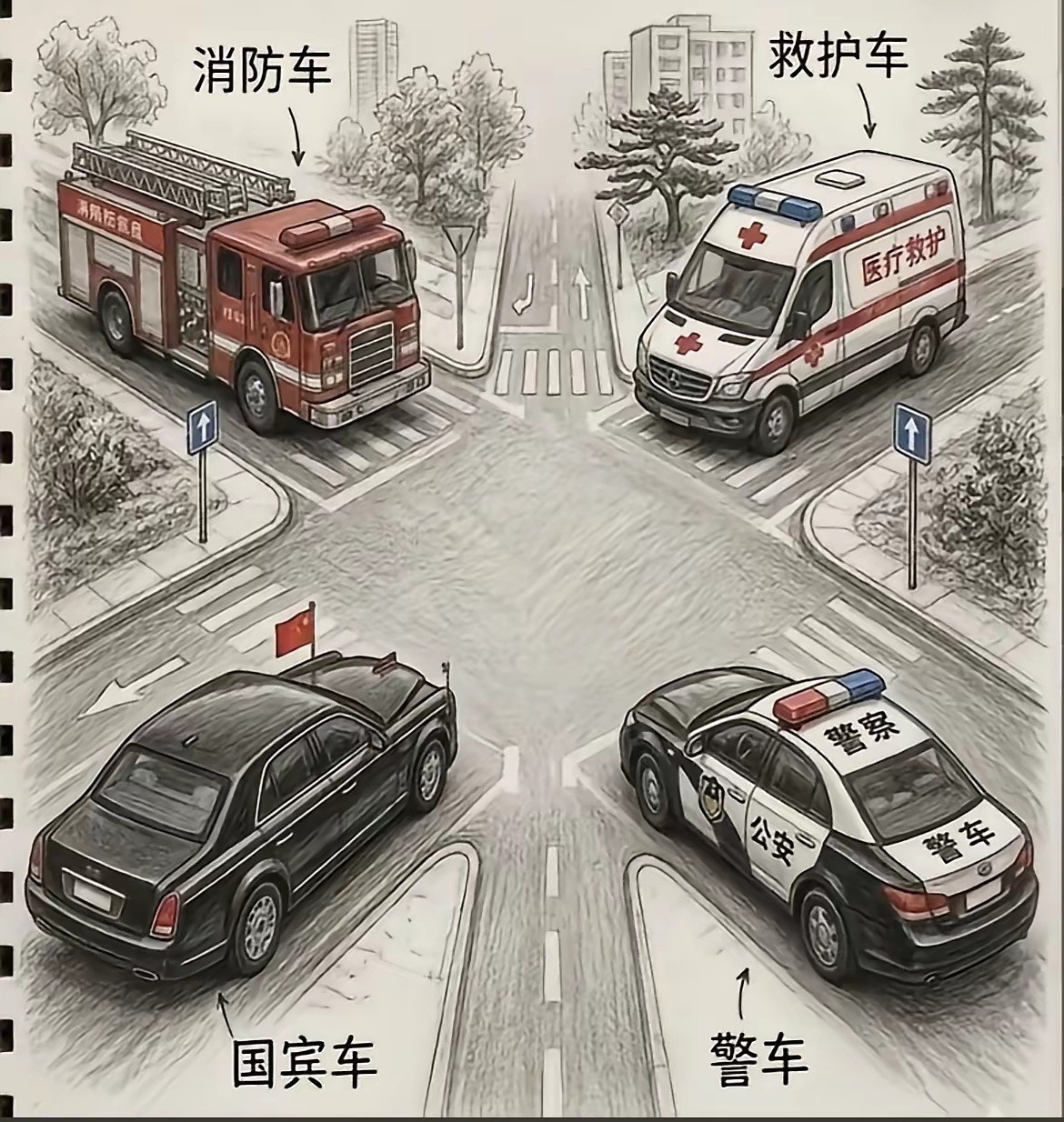 大佬们快来评评理！这四辆车堵在路口，到底谁该拥有优先通行权？答对了算我输！