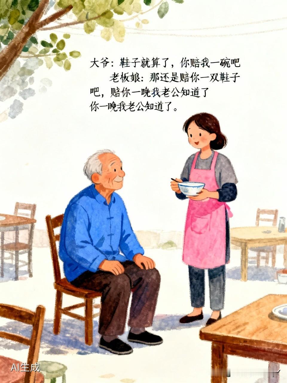 有位老大爷出去吃早餐，老板娘一不留神把大爷的一碗粥碰翻了，热粥全洒在了大爷的鞋子