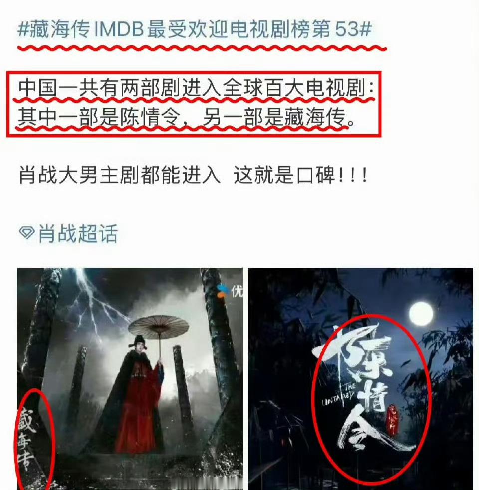 IMBD全球百大电视剧中有且仅有两部国产剧，而且两部都是肖战的（《藏海传》➕《陈