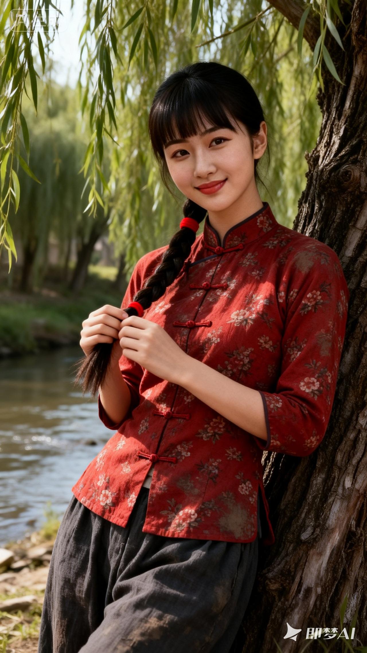 在柳树下，红衣少女轻抚发丝，静享春日时光。