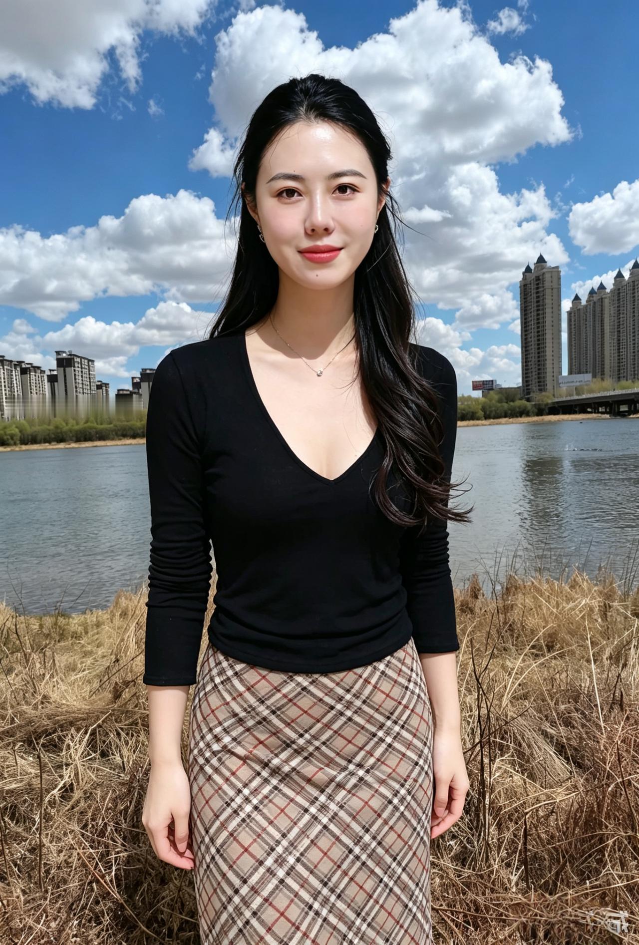 天空的云像被洗过的棉花干净又柔软你站在风里黑色的上衣，格子的裙和身后的