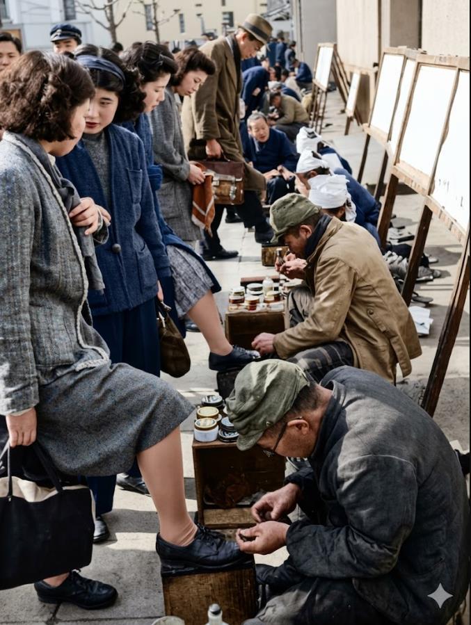 1946年，东京，几个战败鬼子兵在街头擦鞋谋生，他们还穿着破旧的战时军服、头戴军