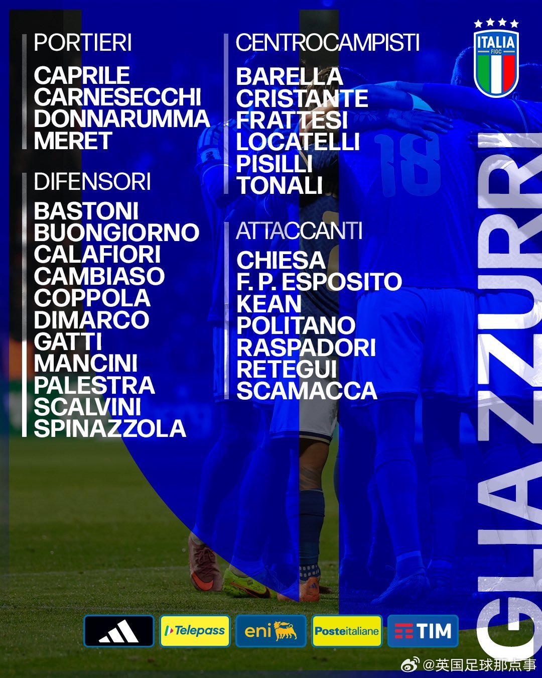 意大利公布世界杯附加赛名单！门将：卡普里莱（卡利亚里）、卡内塞基（亚特兰大）、多