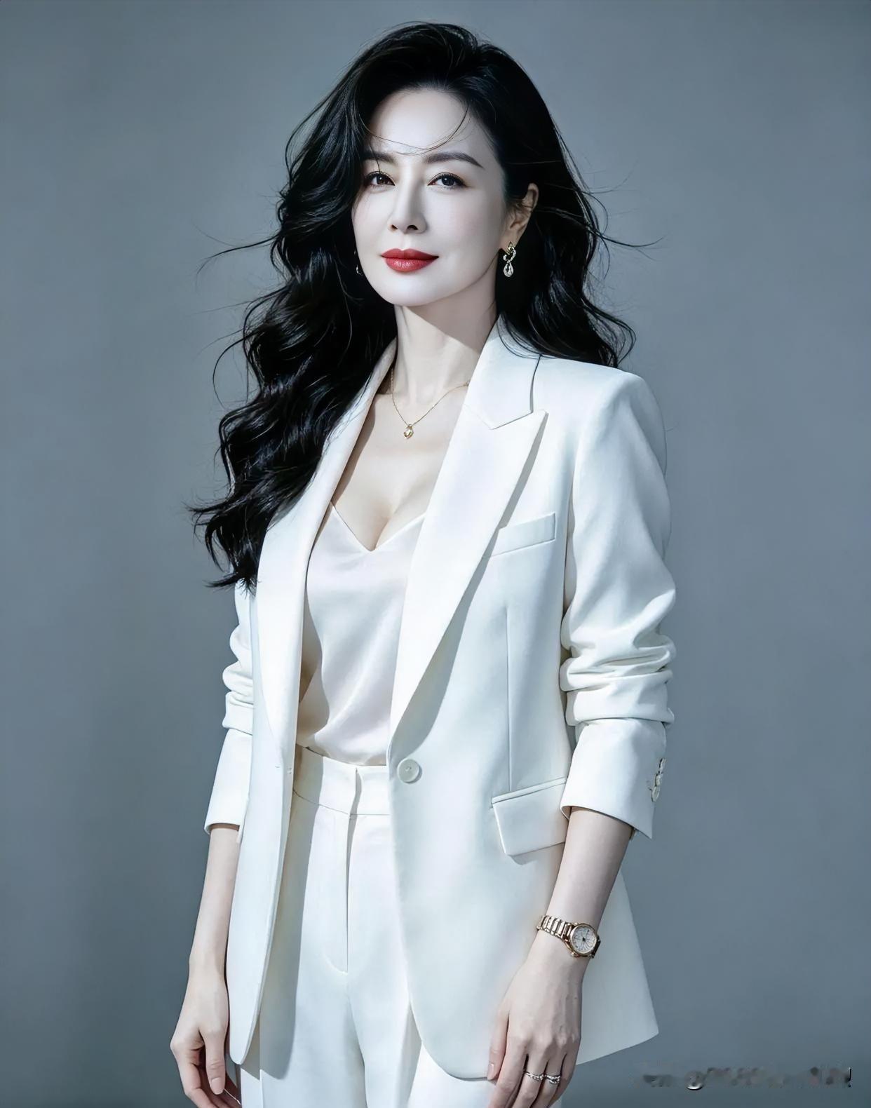 纯白西装套装勾勒利落线条，黑发雪肤红唇，诠释自信优雅的大女主气场。