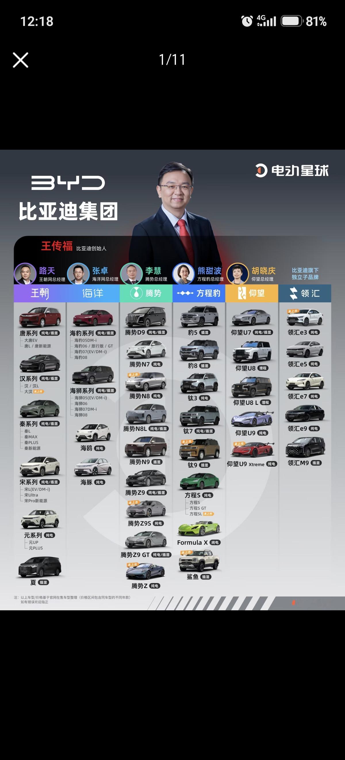 比亚迪集团全品牌架构图，以创始人王传福为核心，清晰梳理六大子品牌、各品牌负责人与主力在售车型，直观展